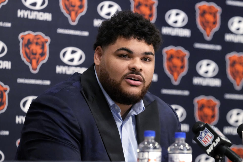 Chicago Bears first-round draft pick offensive lineman Darnell Wright speaks at an NFL football news conference at Halas Hall in Lake Forest, Ill., Friday, April 28, 2023. (AP Photo/Nam Y. Huh)