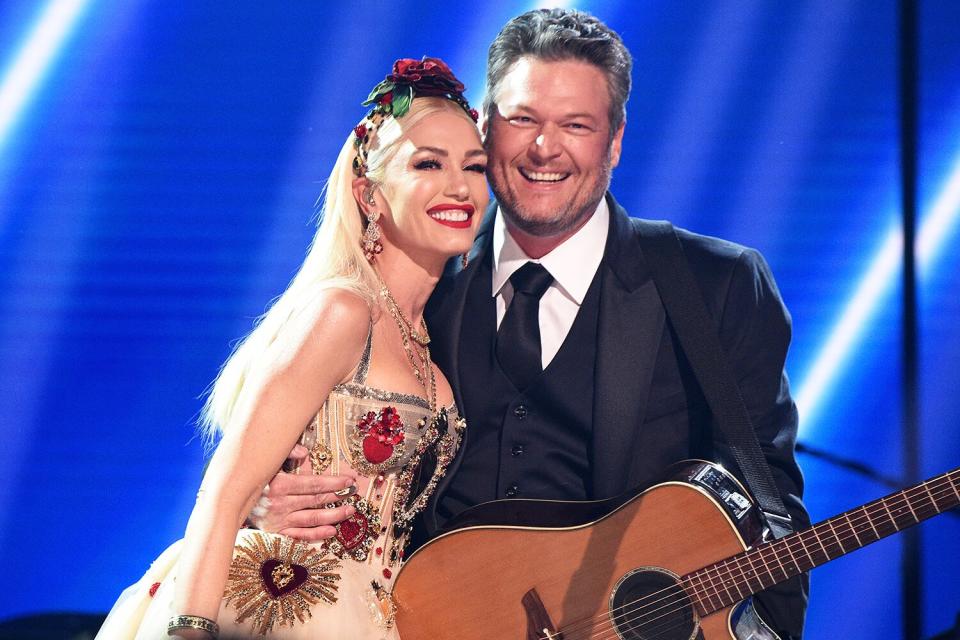 Gwen Stefani and Blake Shelton pose onstage during the 62nd Annual GRAMMY Awards at STAPLES Center on January 26, 2020 in Los Angeles, California.