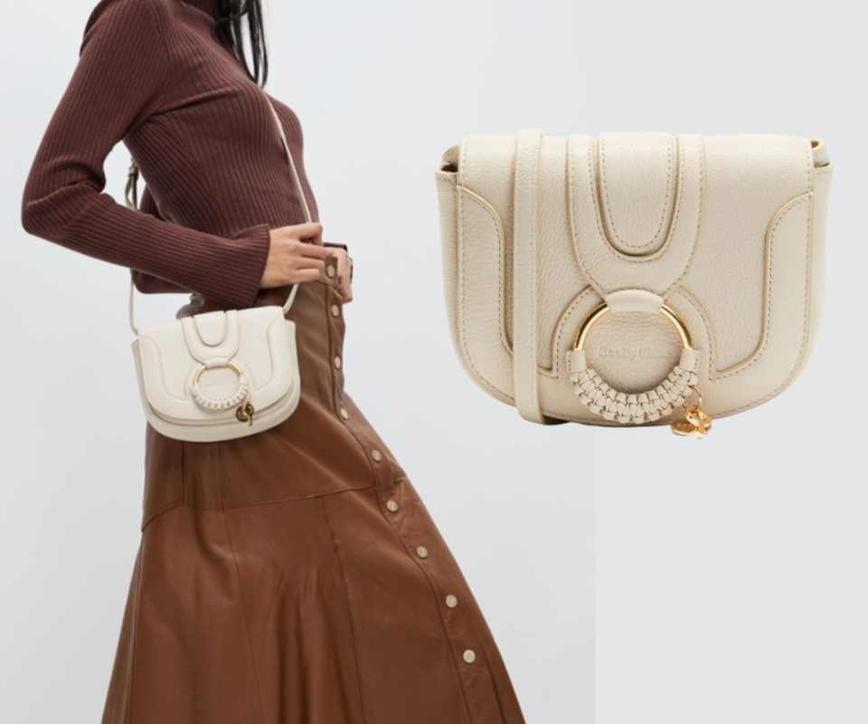 On the left side of the image, a woman in a brown knit and brown skirt wears a cream See by Chloe handbag while on the right , the handbag in cream is enlarged on a pale grey background