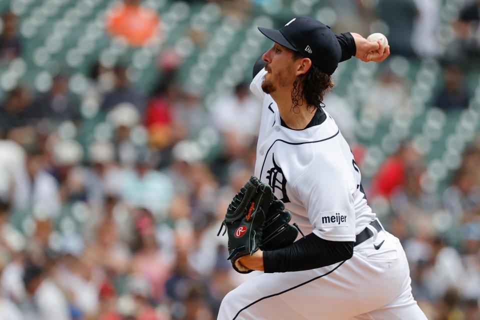 Detroit Tigers starting pitcher Michael Lorenzen pitches in the first inning against the Los Angeles Angels at Comerica Park in Detroit, Michigan on July 27, 2023.