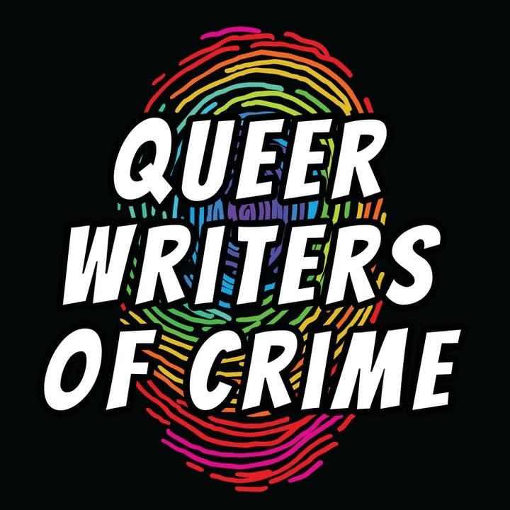 The text, "Queer Writers of Crime" written on a multicolor finger print background