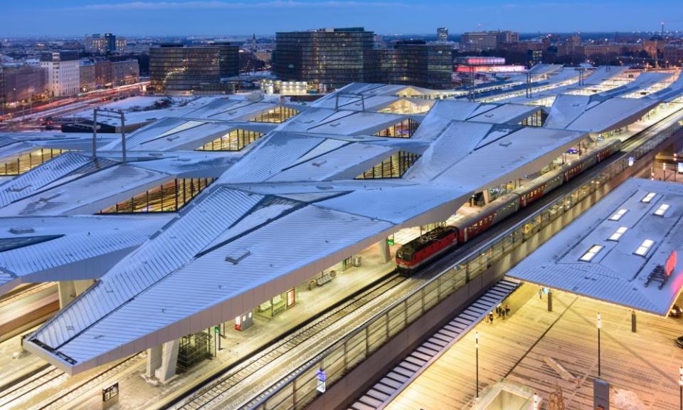 Vienna Central Station, at night, in snow.