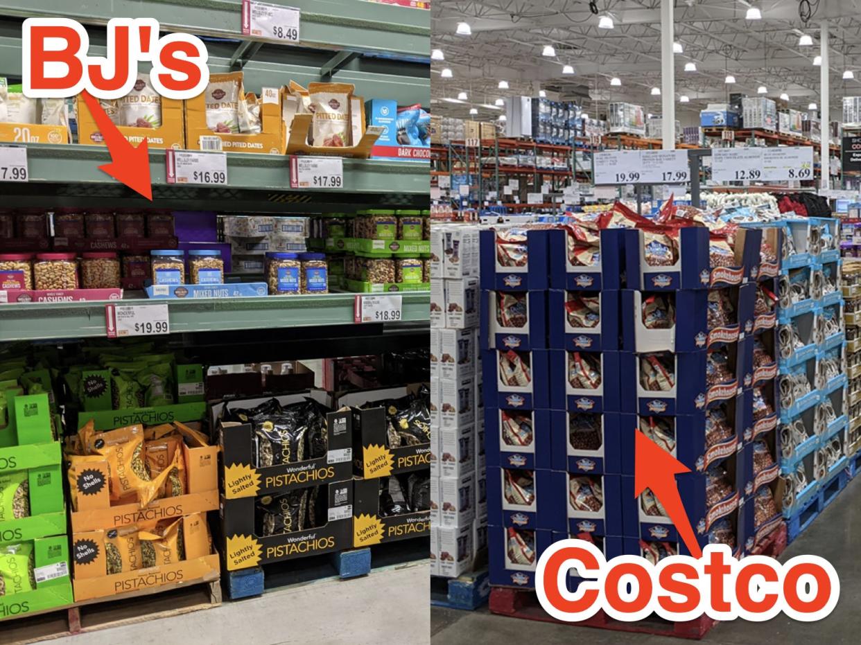 Aisles of packaged nuts with arrows with "BJ's" and "Costco" pointing to them