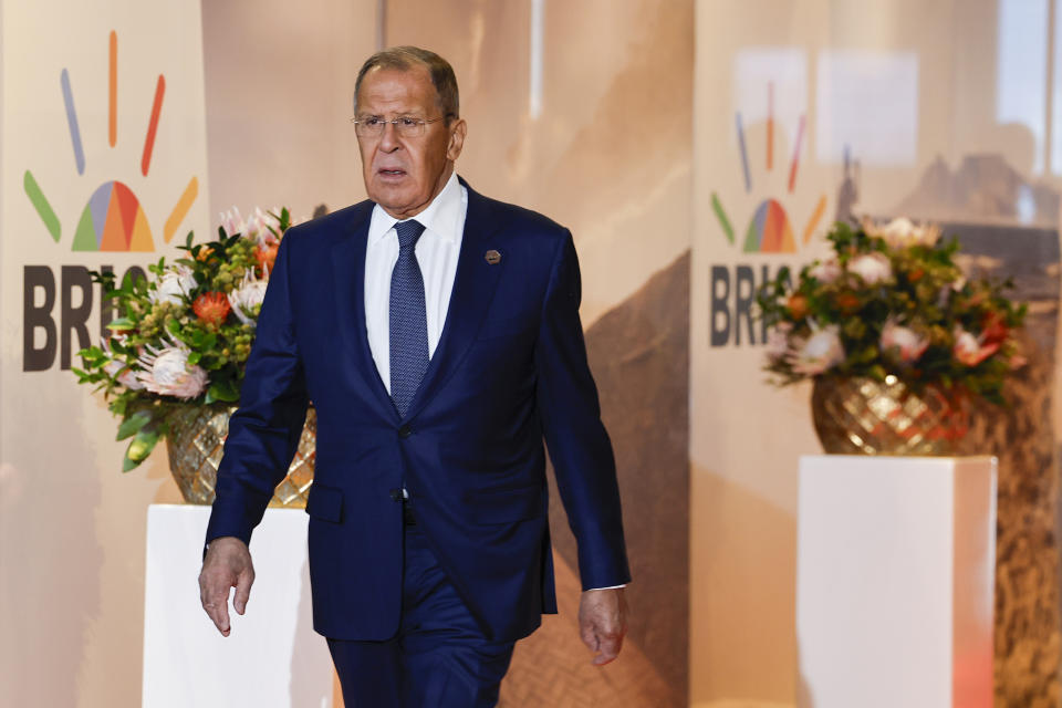 Russia's Foreign Minister Sergei Lavrov arrives at the 2023 BRICS Summit, in Johannesburg, South Africa, Wednesday, Aug. 23, 2023. (Gianluigi Guercia/Pool via AP)