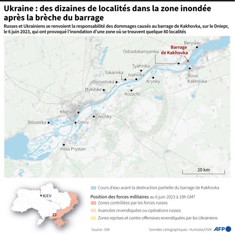 Ukraine : des dizaines de localités dans la zone inondée après la brèche du barrage (AFP - Nalini LEPETIT-CHELLA, Laurence SAUBADU)