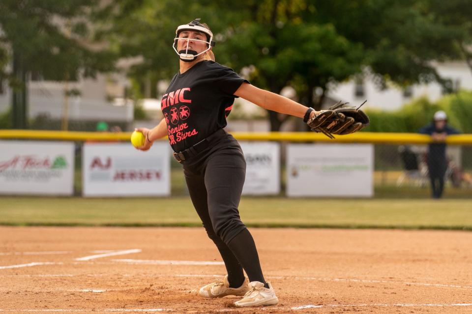 Spotswood's Alex Diaz pitches the ball in the 2023 Greater Middlesex Conference All-Star softball game at the Pitt Street Park Ponytail Field in South Plainfield on June 13, 2023.