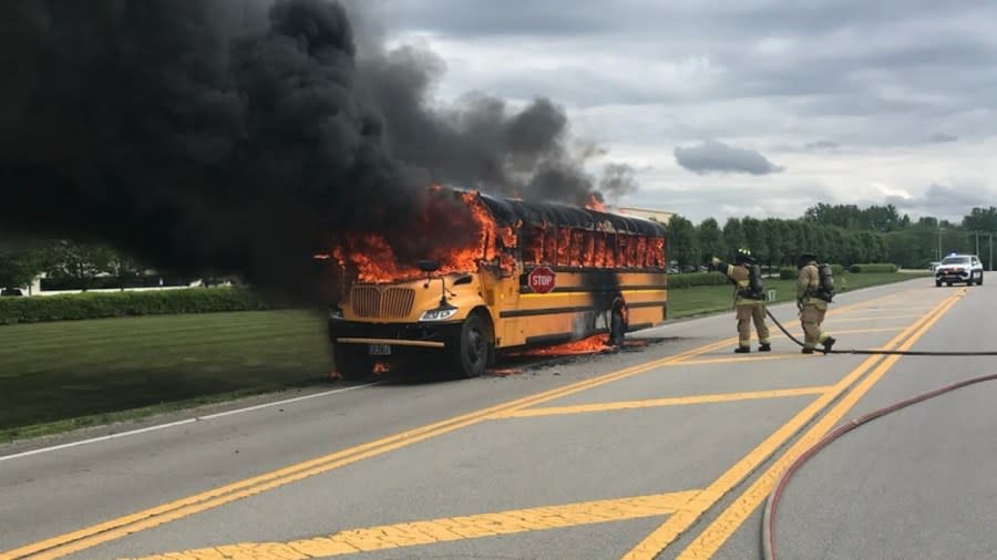 A Groveport Madison School Bus caught fire on Thursday. (Courtesy Photo/Madison Township Police Department)