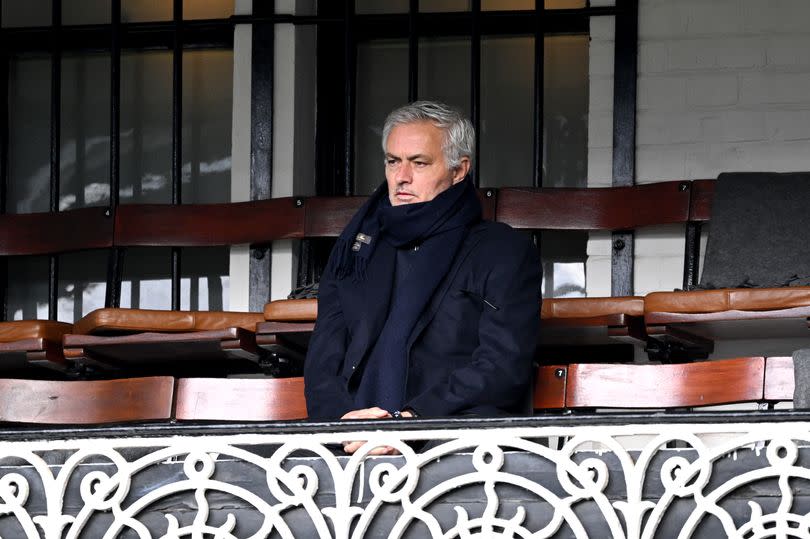 Jose Mourinho looks on from the stands during the Premier League match between Fulham FC and Liverpool FC at Craven Cottage on April 21, 2024