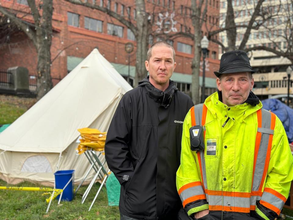 Matthew Grant and Stephen Wilsack are handing out mattress pads and other supplies at tent encampments around Halifax through a project they've dubbed Sleep On It.