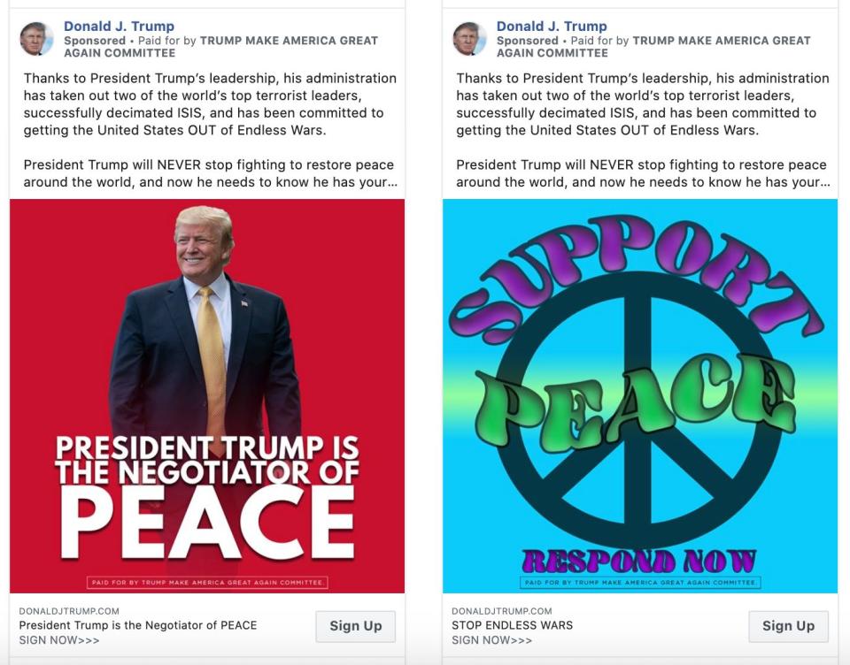Trump campaign ads currently running on Facebook. (Photo: HuffPost US)