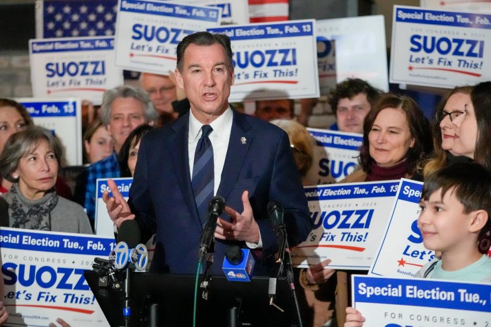 Tom Suozzi speaking in Plainview, New York (AP)