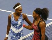 Sep 8, 2015; New York, NY, USA; Venus Williams of the United States (left) greets sister Serena Williams of the United States after their match on day nine of the 2015 U.S. Open tennis tournament at USTA Billie Jean King National Tennis Center. Mandatory Credit: Jerry Lai-USA TODAY Sports