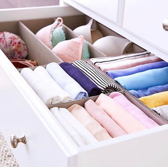 <p>It may seem like extra clutter, but actually drawer dividers are a great way of compartmentalising your clothes so that you don't have to pull out every single top to find the one t-shirt you were looking for.</p><p><a class="link " href="https://go.redirectingat.com?id=127X1599956&url=https%3A%2F%2Fwww.johnlewis.com%2Fanyday-john-lewis-partners-2-section-organiser%2Fp4317172%3Fsku%3D238292716%26s_ppc%3D2dx92700057093051598%26tmad%3Dc%26tmcampid%3D2%26gclid%3DCj0KCQjw1ouKBhC5ARIsAHXNMI9wgQ_iprTGIhVWPwlF_Elqpm7EXjAr9_xUJEFq04a4Tbk6Pf4hjGsaAtTKEALw_wcB%26gclsrc%3Daw.ds&sref=https%3A%2F%2Fwww.cosmopolitan.com%2Fuk%2Finteriors%2Fg3725%2Fclever-storage-solutions%2F" rel="nofollow noopener" target="_blank" data-ylk="slk:SHOP NOW;elm:context_link;itc:0;sec:content-canvas">SHOP NOW</a></p><p><a href="https://www.instagram.com/p/B3nOoJahScy/" rel="nofollow noopener" target="_blank" data-ylk="slk:See the original post on Instagram;elm:context_link;itc:0;sec:content-canvas" class="link ">See the original post on Instagram</a></p>