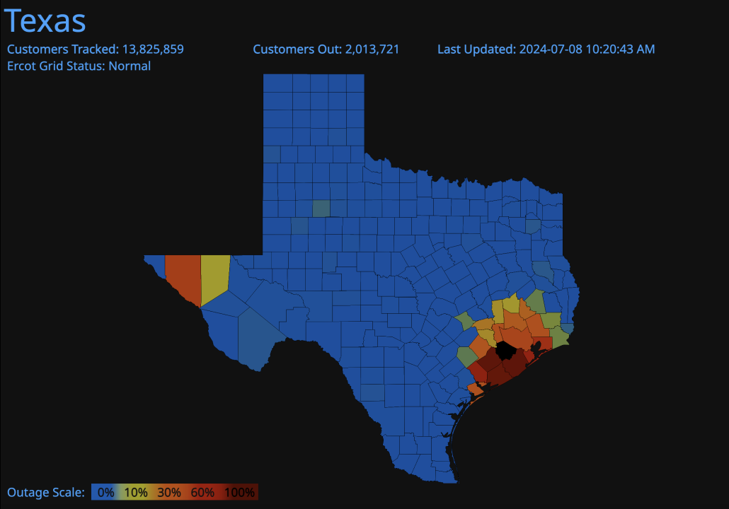 Map of Texas counties color-coded by percentage of homes within them having lost power.