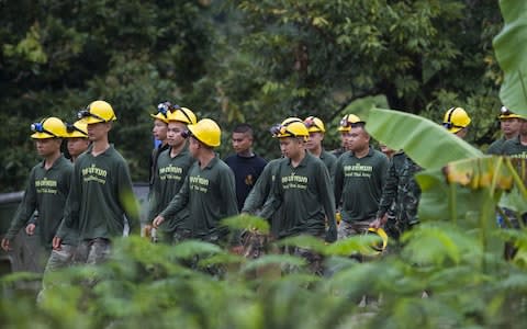 Thai soldiers prepare for the second day of an operation to bring football team out of Tham Luang cave complex - Credit: Ye Aung Thu/AFP