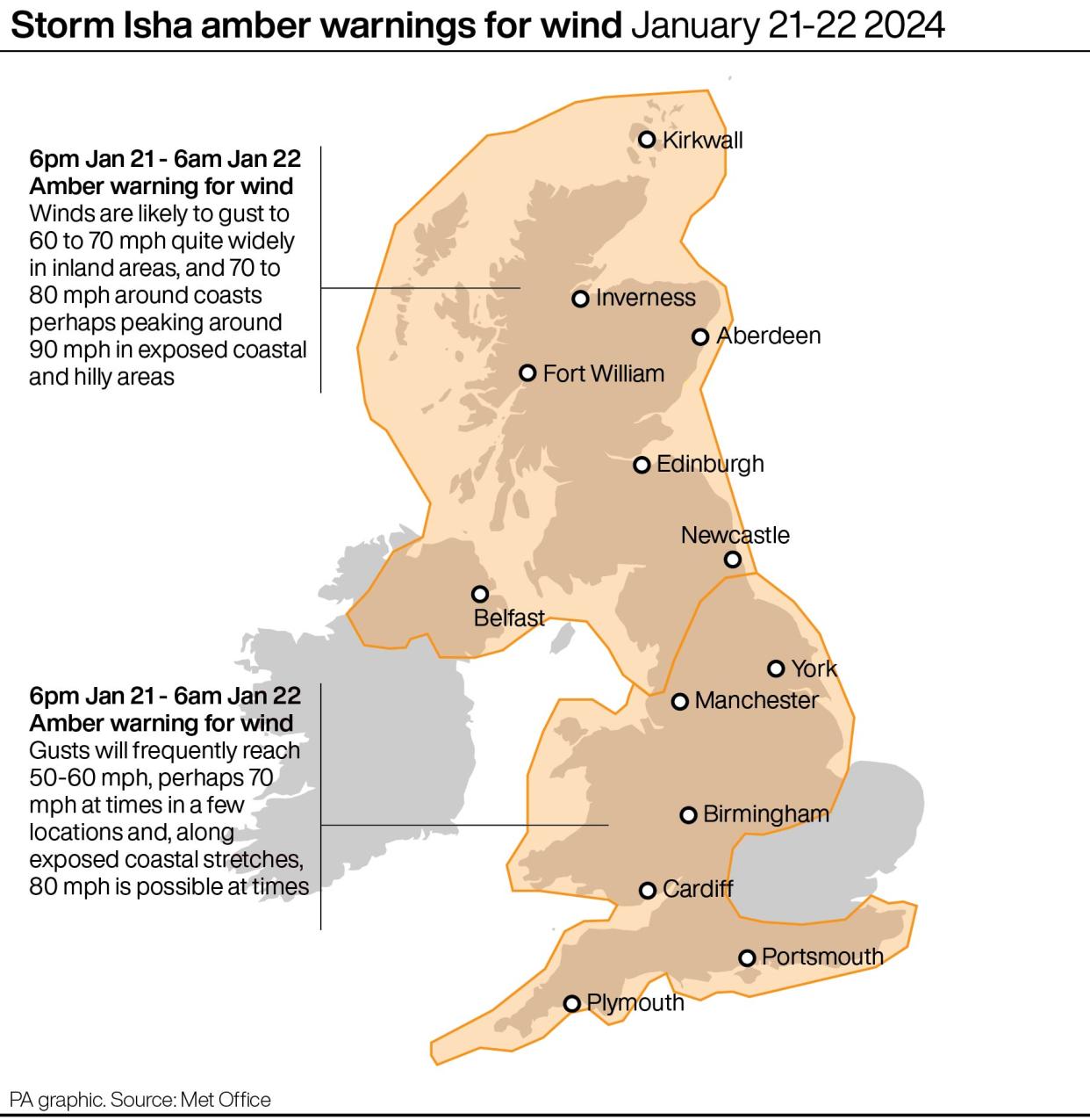 Storm Isha amber warnings for wind. See story WEATHER Isha. Infographic PA Graphics. An editable version of this graphic is available if required. Please contact graphics@pamediagroup.com.