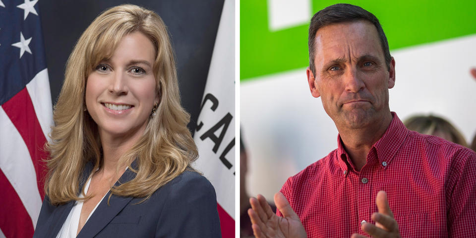 Assemblywoman Christy Smith, D-Santa Clarita, and former Rep. Steve Knight (R-CA). | California State Assembly/Wikimedia Commons; David McNew—Getty Images