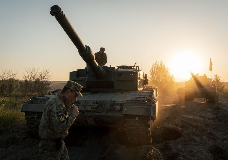 Ukrainian military conducts training on Leopard 2 tanks at the test site on May 14, 2023 in Ukraine. Ukraine received tanks as part of international military assistance programs to help defend itself against the ongoing Russian invasion.