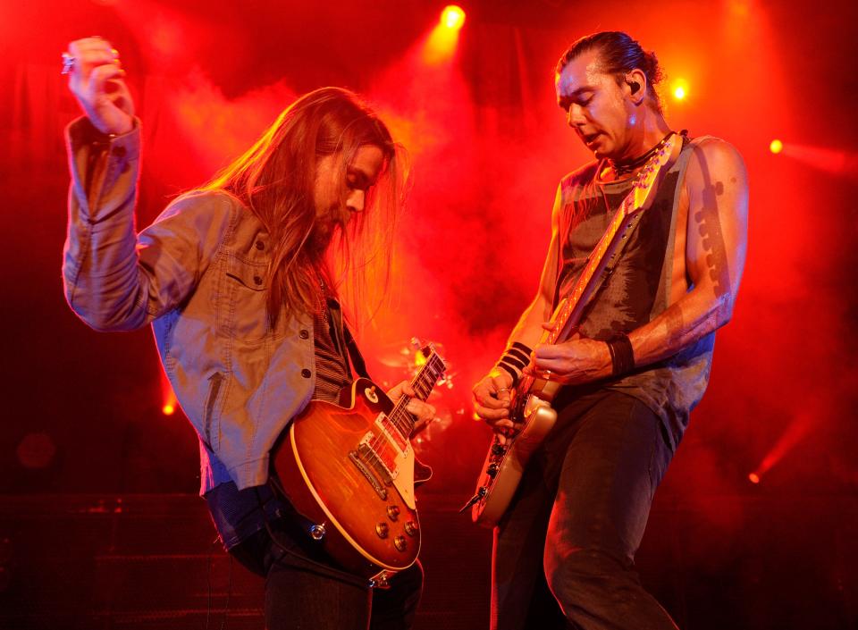 Bush guitarist Chris Traynor, left, and singer/guitarist Gavin Rossdale perform at The Joint inside the Hard Rock Hotel & Casino  in Las Vegas, Nevada, on Sept. 29, 2011.