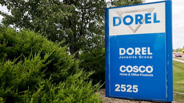 PHOTO: In this Aug. 25, 2015, file photo, a sign is shown outside a facility occupied by Dorel Industries Inc., in Columbus, Indiana. (Kris Tripplaar/Sipa USA via AP, FILE)