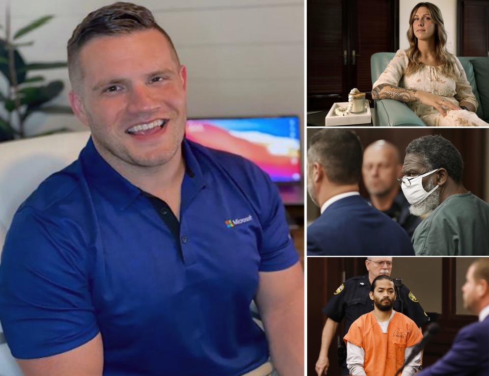 Jared Bridegan, left, was killed in an ambush-style attack on Feb. 16, 2022, after leaving the home of ex-wife Shanna Gardner, upper right, in Jacksonville Beach. She is charged in the murder plot along with Henry Tenon, center right, and husband Mario Fernandez Saldana, bottom right.