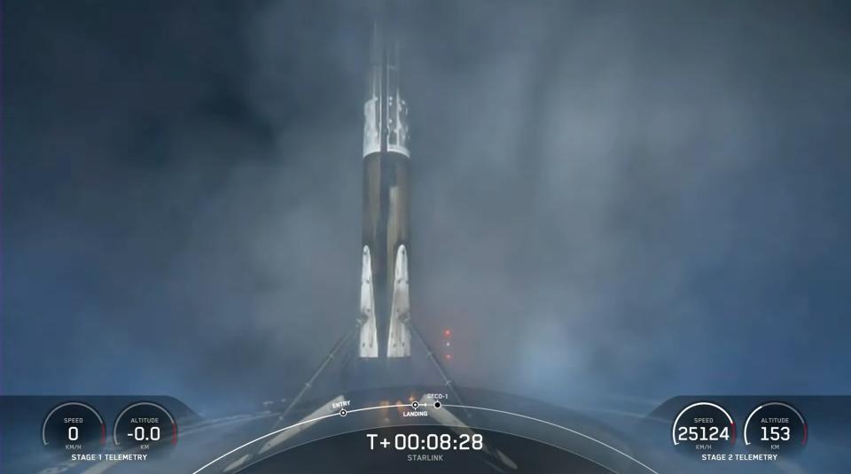 The first stage of a SpaceX Falcon 9 rocket rests on one of the company's drone ships after a successful touchdown on May 4, 2023. The landing came about 8.5 minutes after the rocket launched 56 Starlink satellites from Florida's Cape Canaveral Space Force Station.