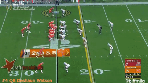 Deshaun Watson moves the Ohio State safety with his eyes beautifully, even though the pass is slightly overthrown. (Draftbreakdown.com, via YouTube)