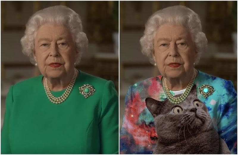 英女王為防疫打氣的溫馨演說，意外讓網友展開修圖大戰。（翻攝自@rockpapercynic推特）