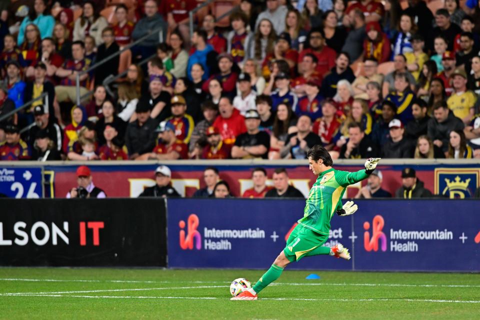 Apr 13, 2024; Sandy, Utah, USA; Columbus Crew goalkeeper Nicholas Hagen (1) kicks the ball during the second half against Real Salt Lake at America First Field. Mandatory Credit: Christopher Creveling-USA TODAY Sports