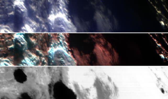 The Pacific Ocean, seen in three different wavelengths by MAJIS. The bottom strip is thermal infrared, which reveals temperature. (<a href="https://www.esa.int/ESA_Multimedia/Images/2024/09/Juice_s_view_of_the_Pacific_Ocean_in_three_wavelengths" rel="nofollow noopener" target="_blank" data-ylk="slk:ESA/Juice/MAJIS;elm:context_link;itc:0;sec:content-canvas" class="link ">ESA/Juice/MAJIS</a>)