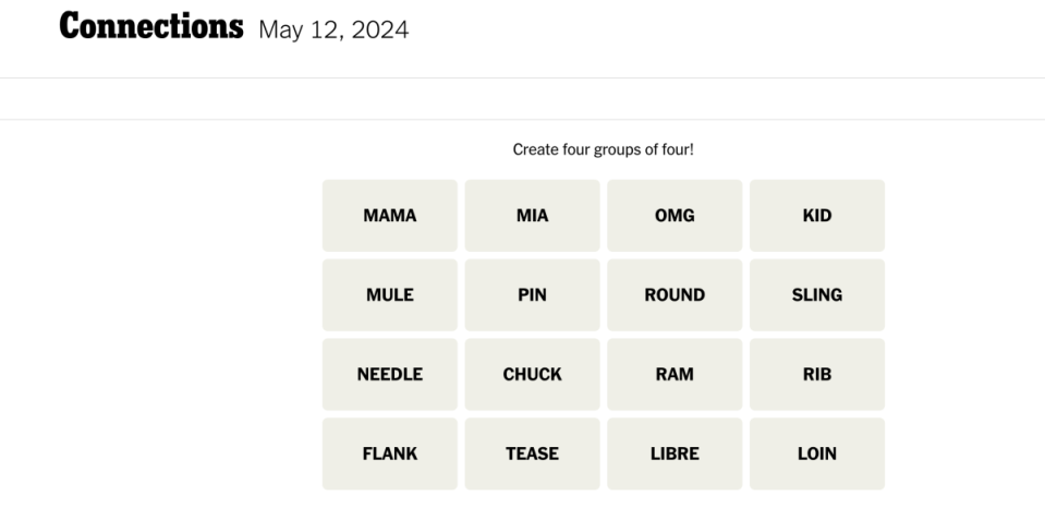 <em>Today's NYT Connections puzzle for Sunday, May 12</em><em>, 2024</em><p>New York Times</p>