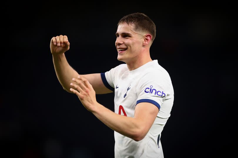 Micky van de Ven celebrates after the Premier League match between Tottenham Hotspur and Nottingham Forest at Tottenham Hotspur Stadium.