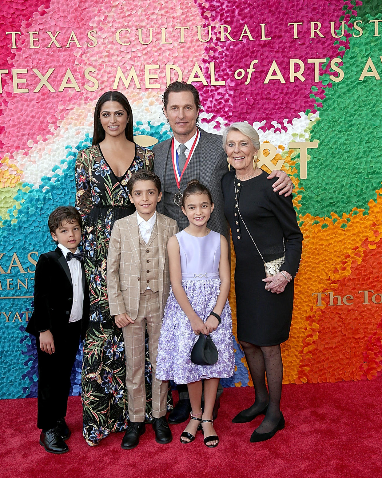 AUSTIN, TEXAS - FEBRUARY 27:  (L - R) Livingston Alves McConaughey, Camila Alves, Levi Alves McConaughey, honoree Matthew McConaughey, Vida Alves McConaughey and Kay McConaughey attend the Texas Medal Of Arts Awards at the Long Center for the Performing Arts on February 27, 2019 in Austin, Texas.  (Photo by Gary Miller/Getty Images)