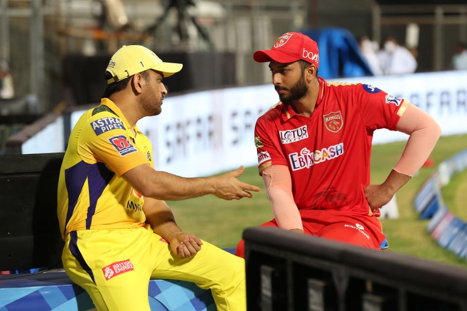 MS Dhoni and Shahrukh Khan talk to each other after match 8 of the Vivo Indian Premier League 2021.