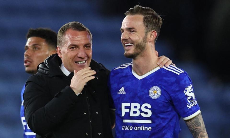 James Maddison with Brendan Rodgers at the end of the match