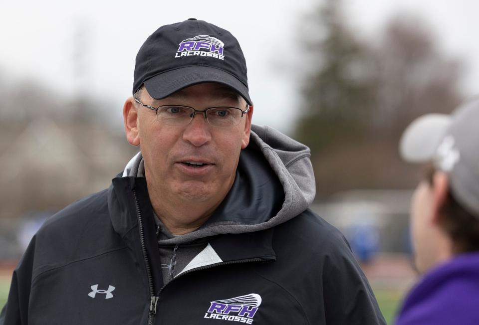 Rumson-Fair Haven boys lacrosse coach Marc Moreau. Rumson-Fair Haven Boys Lacrosse defeat Shore Regional in Rumson on April 6, 2022.