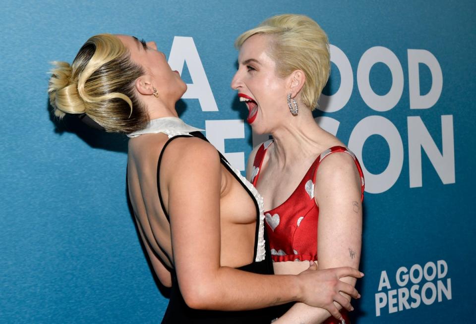 Pugh, left, and Zoe Lister-Jones embrace at a screening of A Good Person (Evan Agostini/Invision/AP)