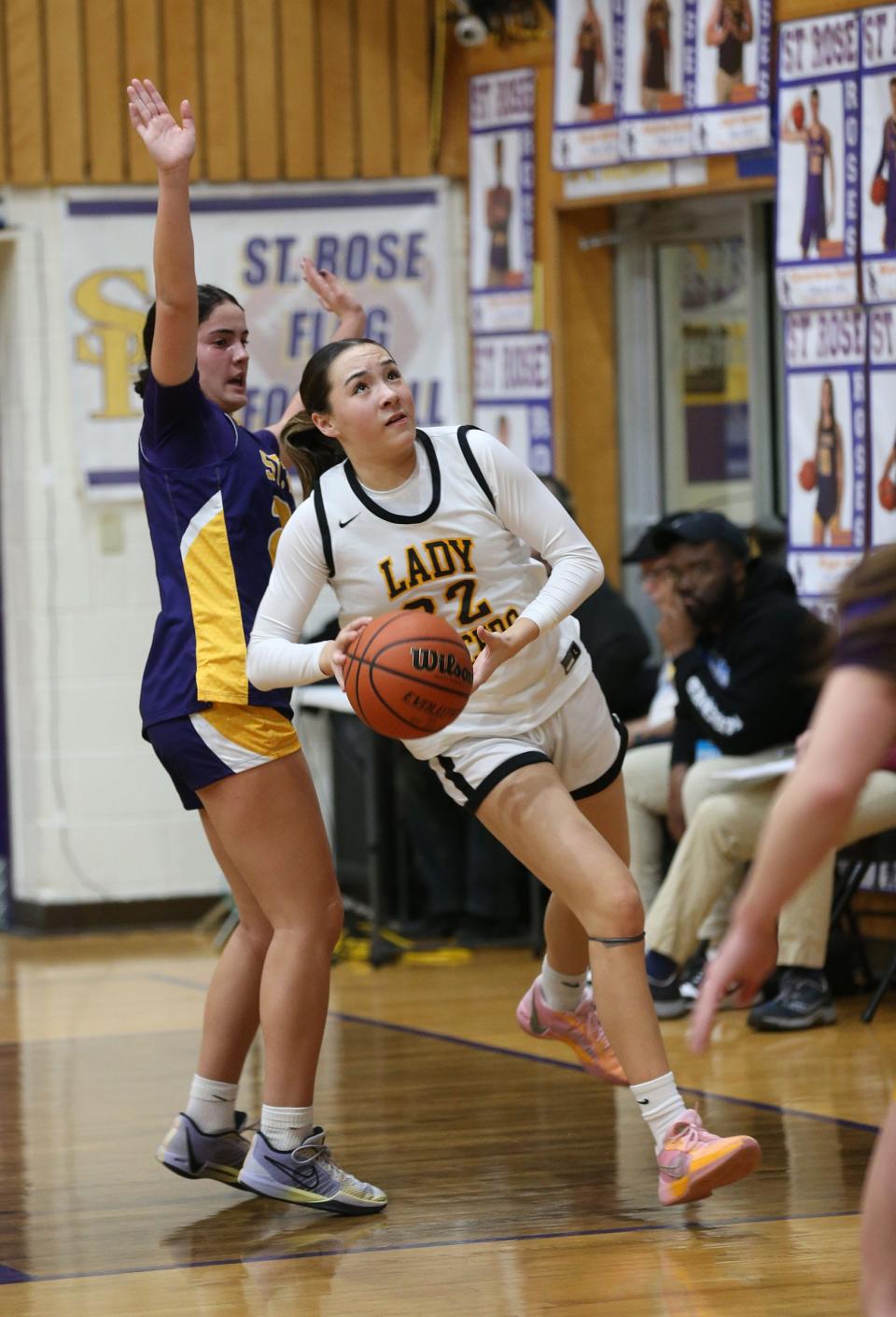 St. John Vianney'sMadison Kocis (#22) drives around St. Rose's Brooke Missry (#20) during their game in Belmar Wednesday evening, January 31, 2024.