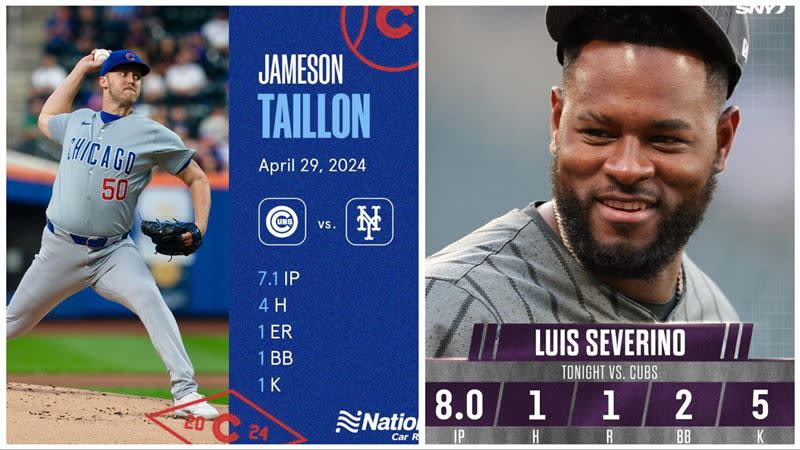 泰安（Jameson Taillon）和塞維里諾（Luis Severino）上演前洋基投手對決。（圖／翻攝自小熊、SNY Mets推特）