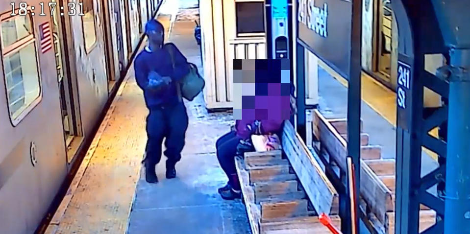 A woman was sitting on a Bronx subway platform last week when a stranger walked up holding a plastic bag. (NYPD)
