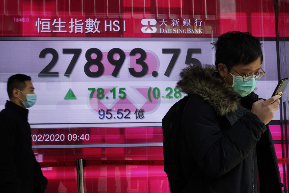 People walk past a bank electronic board showing the Hong Kong share index at Hong Kong Stock Exchange Monday, Feb. 17, 2020. Markets are mixed in Asia, with Japan's benchmark slipping 0.8% after the government reported the economy contracted in the last quarter. (AP Photo/Vincent Yu)