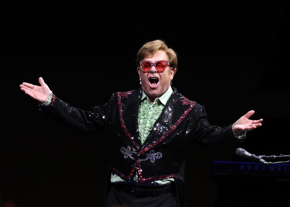 Elton John during his "Farewell Yellow Brick Road" Tour at London's O2 Arena in April 2023.