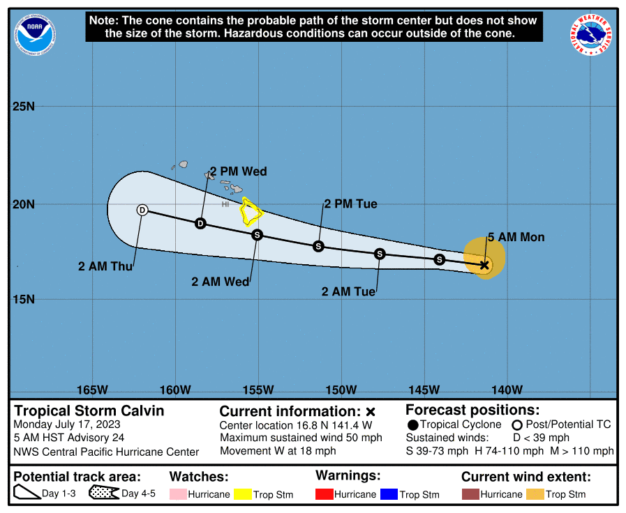 The forecast path of Tropical Storm Calvin shows it hitting or grazing the Big Island of Hawaii by early Wednesday.