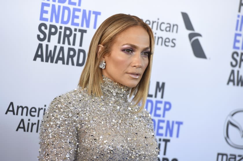 Jennifer Lopez arrives at the 35th Film Independent Spirit Awards on Saturday, Feb. 8, 2020, in Santa Monica, Calif. (Photo by Jordan Strauss/Invision/AP)