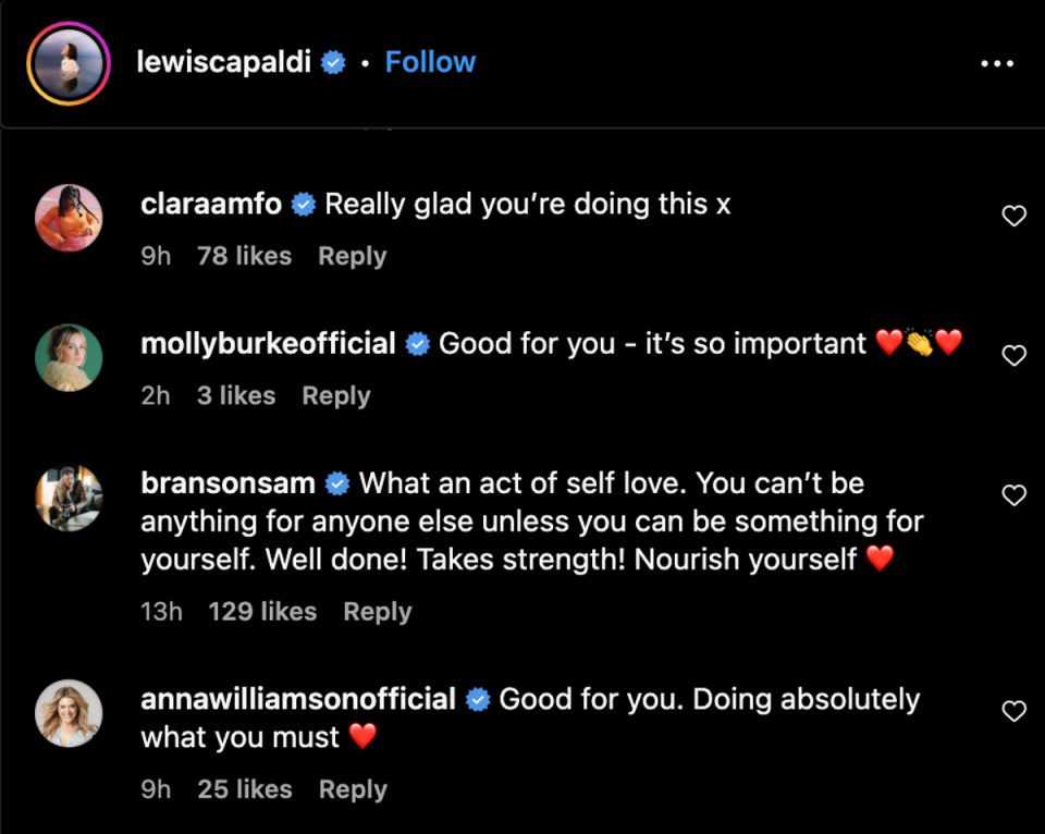 Lewis Capaldi receives huge support after announcing he was taking a break from tour commitments (Instagram)