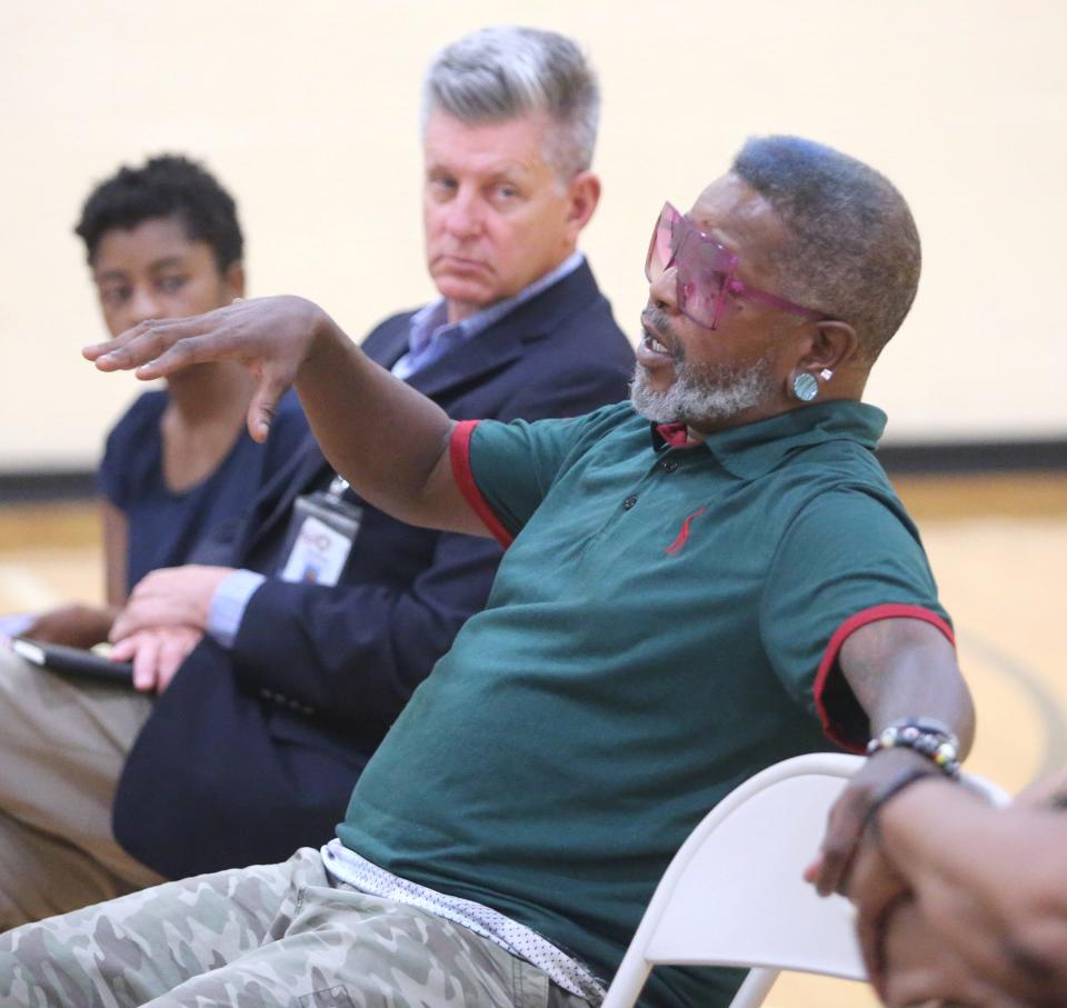 Errick Freeman speaks during a meeting for the southeast community to ask questions about the future grocery and health care center planned for Gonder Avenue in Canton.