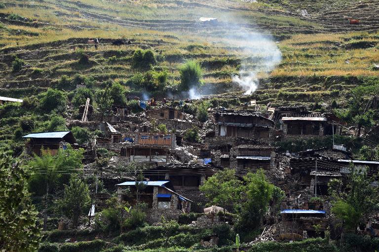 Damaged houses are seen from an Indian army helicopter, flying over Bhogteni village in Nepal's Gorkha district, on May 4, 2015