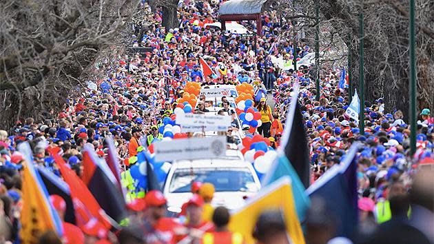 Well over 100,000 fans turned out in Melbourne for the AFL grand final parade. Pic: Getty