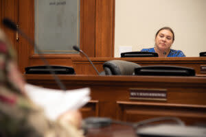  Rhode Island Sen. Sandra Cano, a Pawtucket Democrat, listens to testimony during a meeting of the Senate Finance Committee on Tuesday, May 7, 2024. (Will Steinfeld/Rhode Island Current)