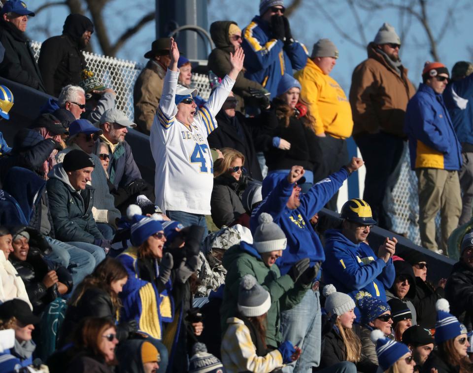 Delaware tans react as the Hens get a stop in the fourth quarter of Delaware's 29-26 loss at Villanova Stadium, Saturday, Nov. 19, 2022.